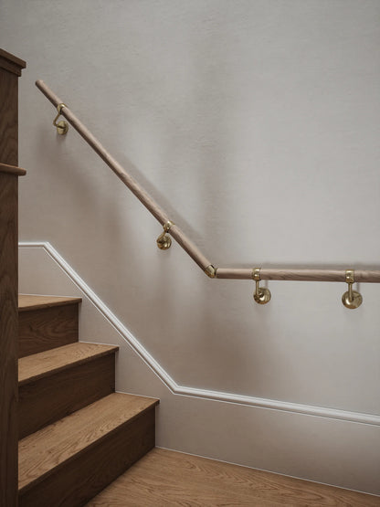 Oversley Walnut Quarter Landing Handrail with Loxley Antique Brass brackets