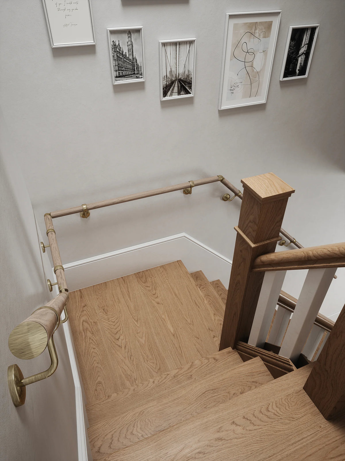 Oversley Walnut Quarter Landing Handrail with Loxley Antique Brass brackets