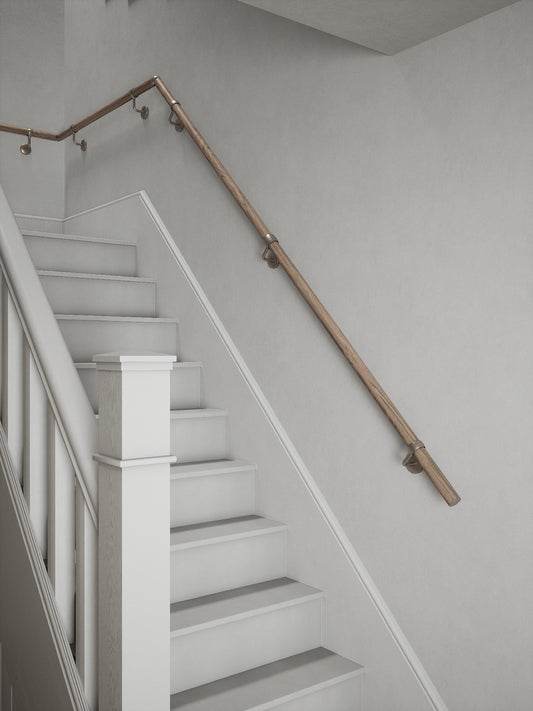Oversley Walnut Quarter Landing Handrail with Harbury Brushed Silver brackets