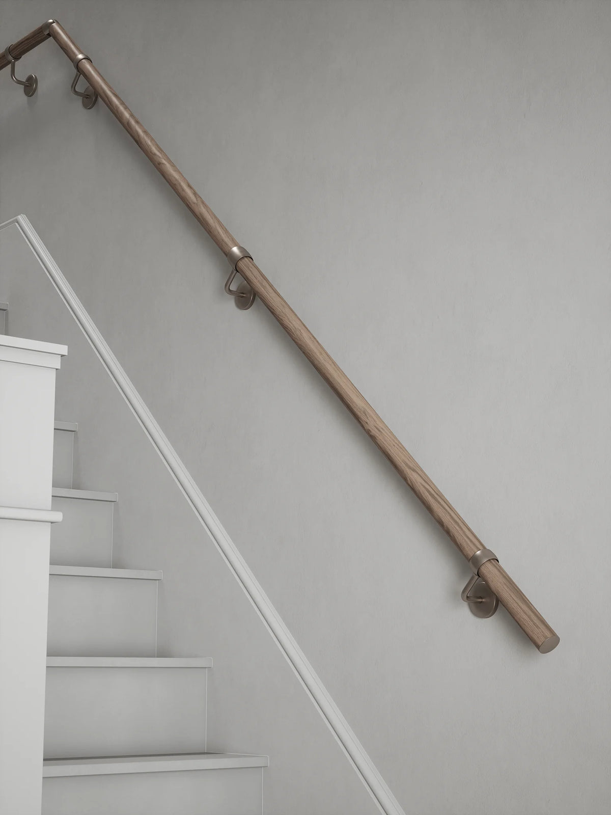 Oversley Walnut Quarter Landing Handrail with Harbury Brushed Silver brackets