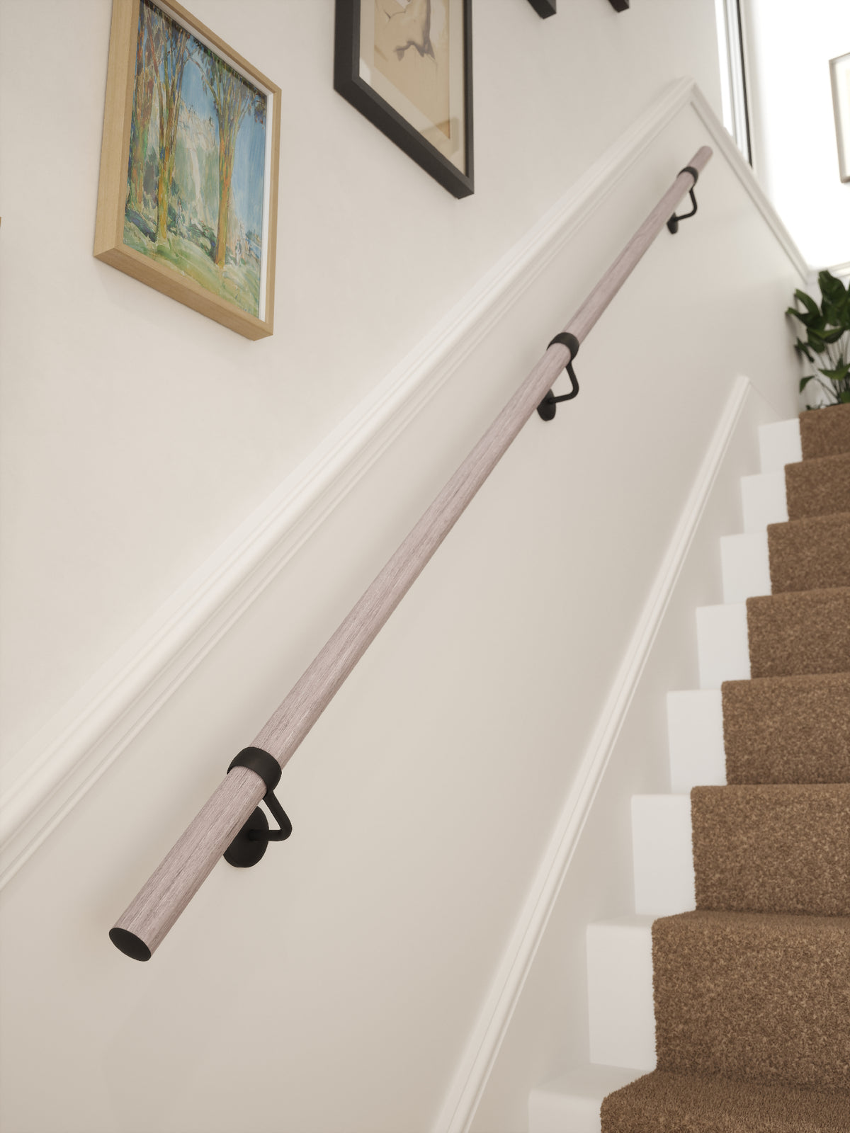 Pattingham Grey Wood Straight Flight Handrail 2.4m with Kineton Matt Black brackets