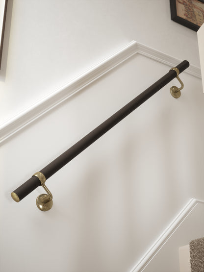 Burcot Espresso Leather Straight Flight Handrail 1.2m with Loxley Antique Brass brackets