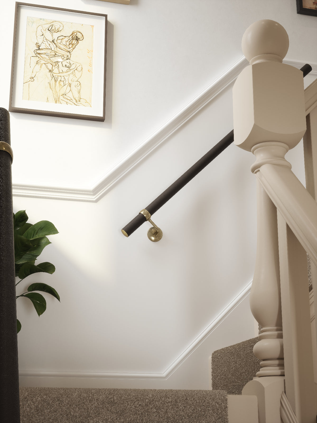 Burcot Espresso Leather Straight Flight Handrail 1.2m with Loxley Antique Brass brackets