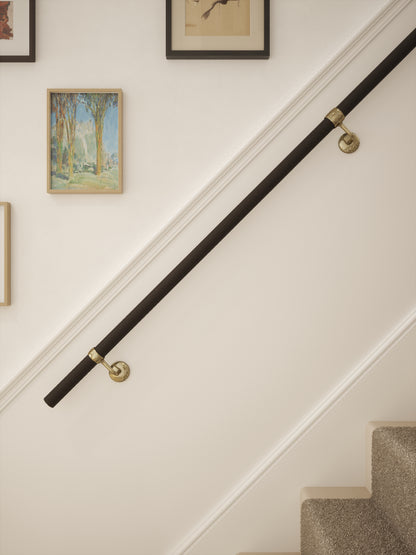 Burcot Espresso Leather Straight Flight Handrail 2.4m with Loxley Antique Brass brackets