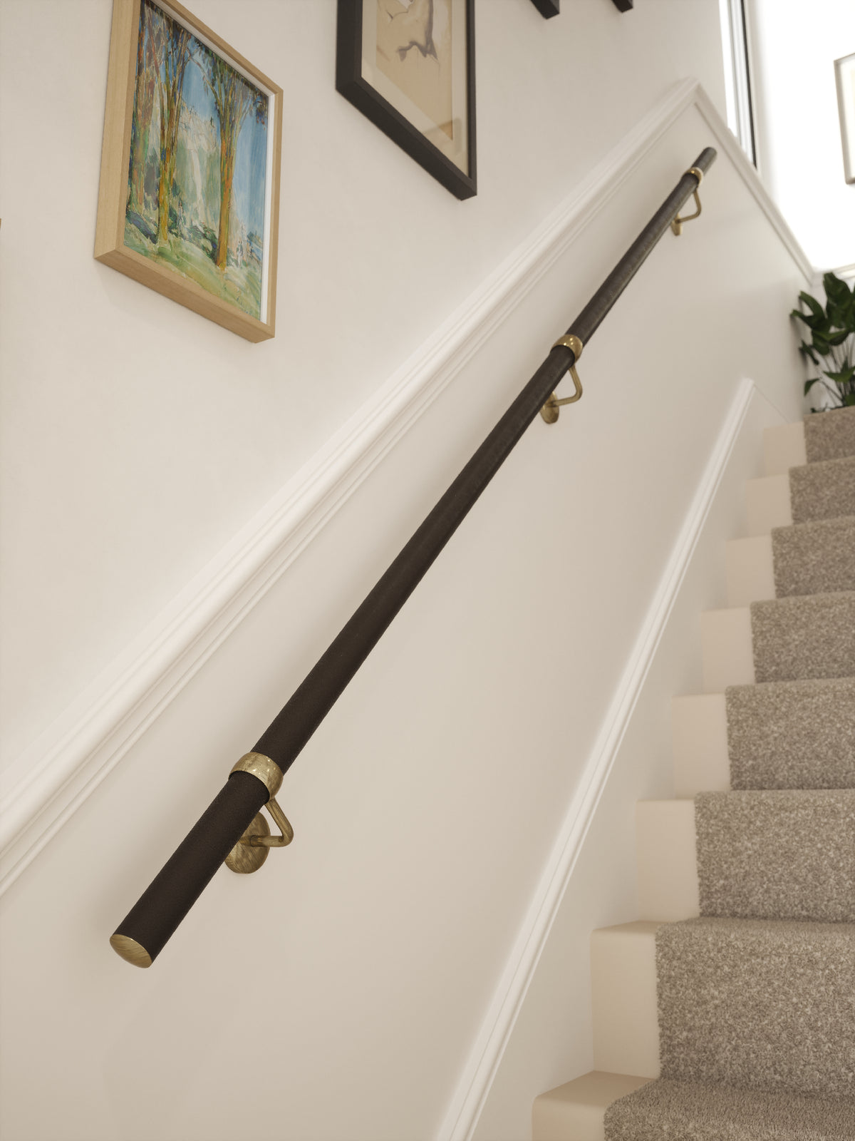 Burcot Espresso Leather Straight Flight Handrail 2.4m with Loxley Antique Brass brackets