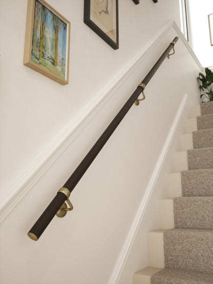 Burcot Espresso Leather Straight Flight Handrail 2.4m with Loxley Antique Brass brackets