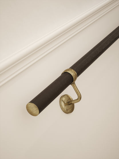 Burcot Espresso Leather Straight Flight Handrail 2.4m with Loxley Antique Brass brackets