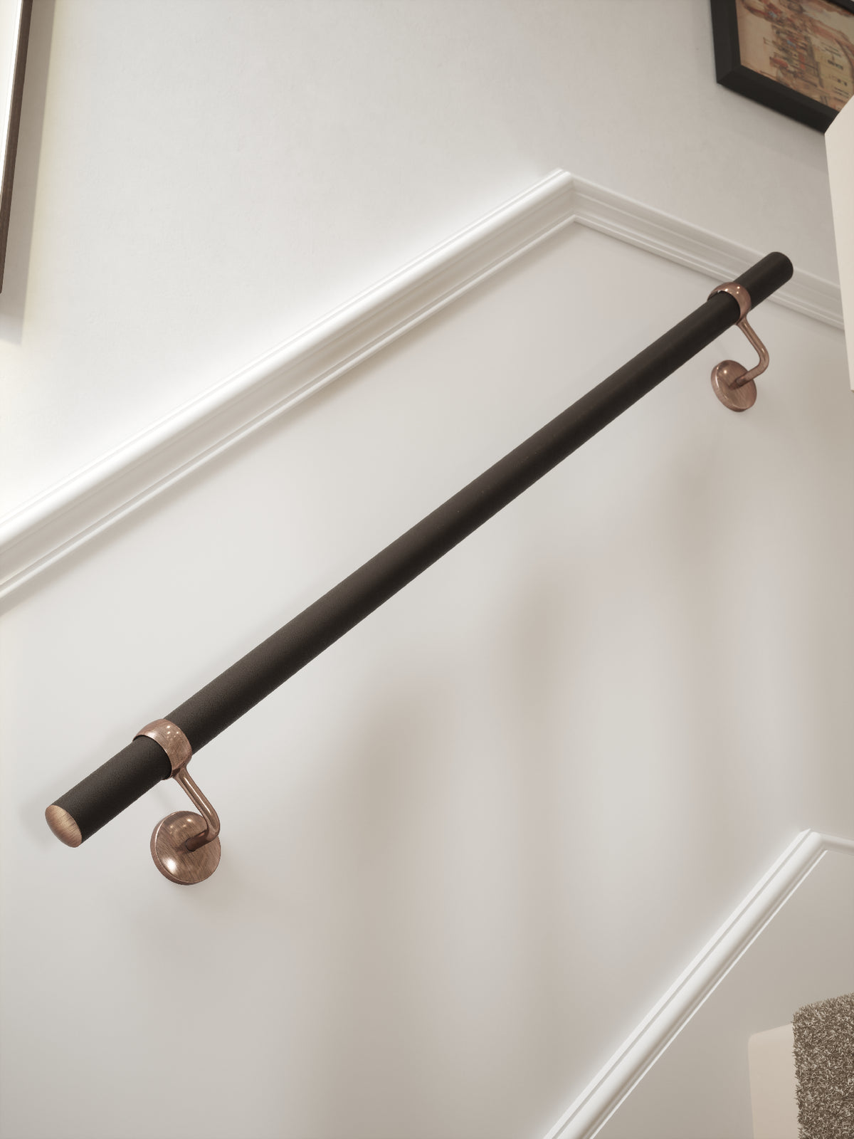 Burcot Espresso Leather Straight Flight Handrail 1.2m with Sambourne Antique Copper brackets