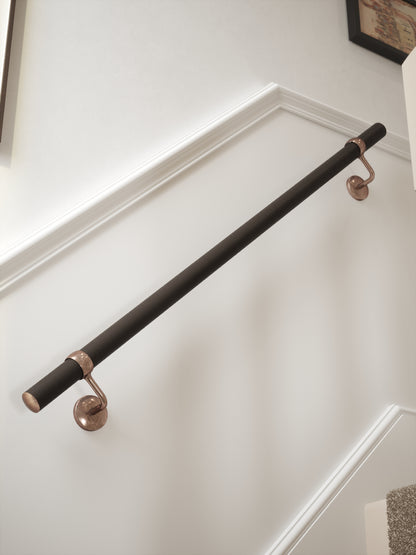 Burcot Espresso Leather Straight Flight Handrail 1.2m with Sambourne Antique Copper brackets