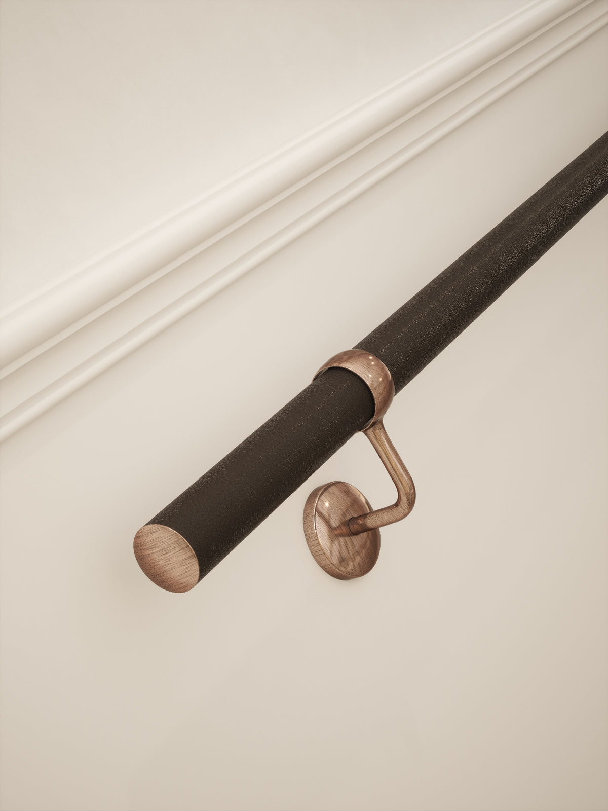 Burcot Espresso Leather Straight Flight Handrail 2.4m with Sambourne Antique Copper brackets