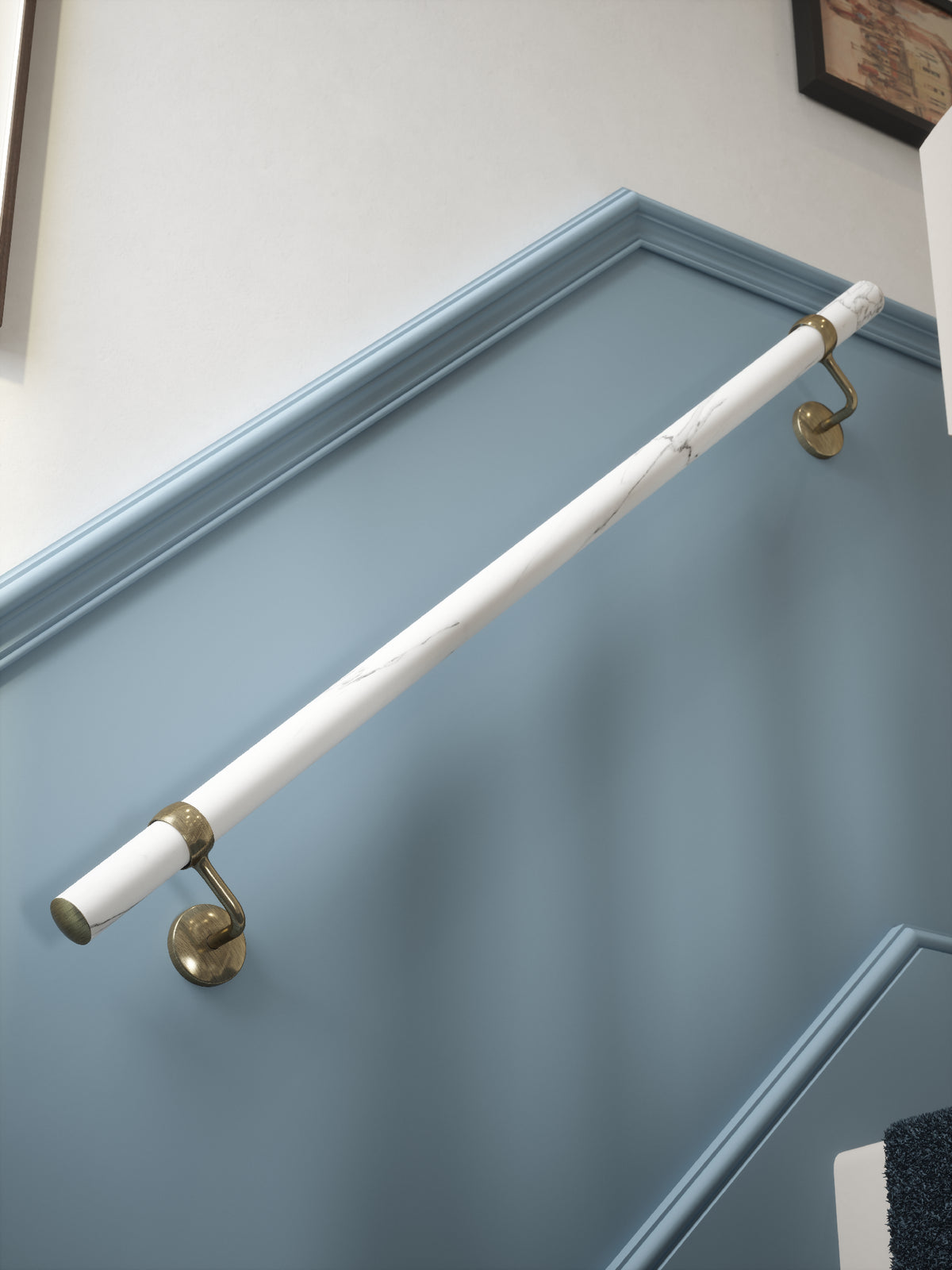 Montford Soft White Marble Straight Flight Handrail 1.2m with Loxley Antique Brass brackets