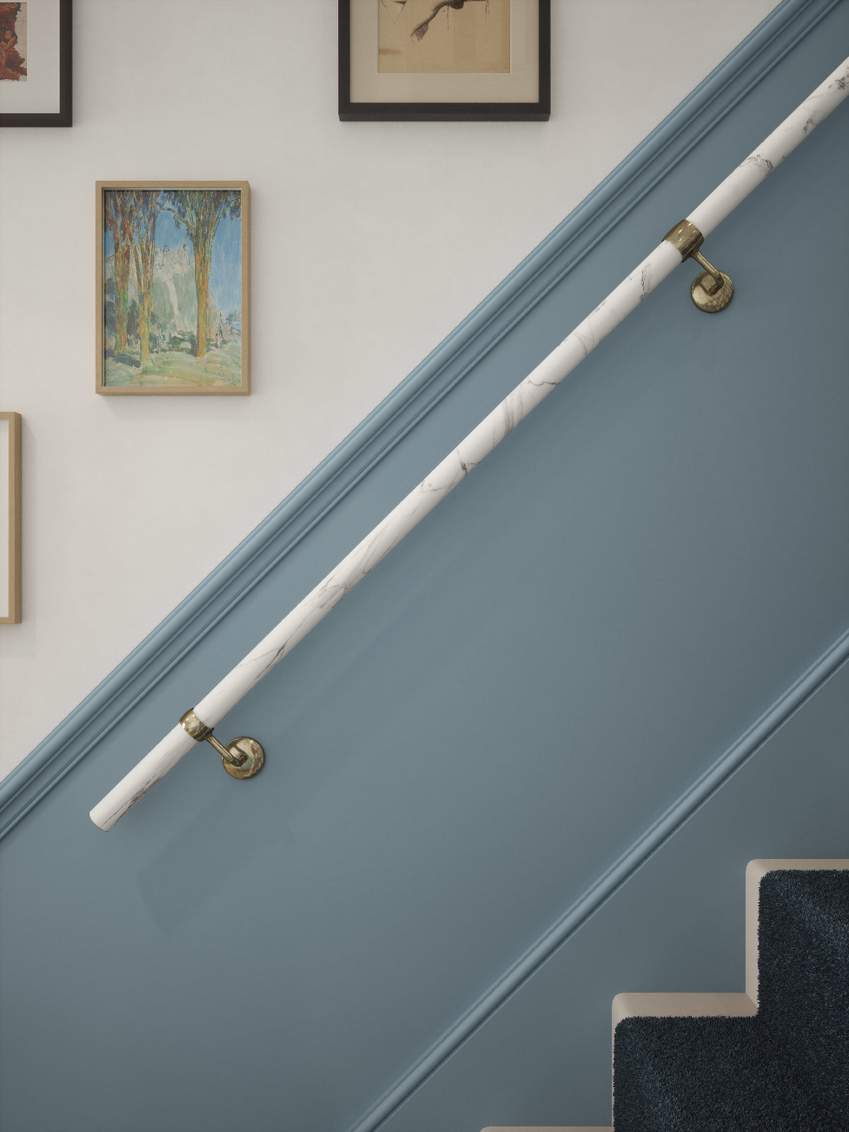 Montford Soft White Marble Straight Flight Handrail 2.4m with Loxley Antique Brass brackets