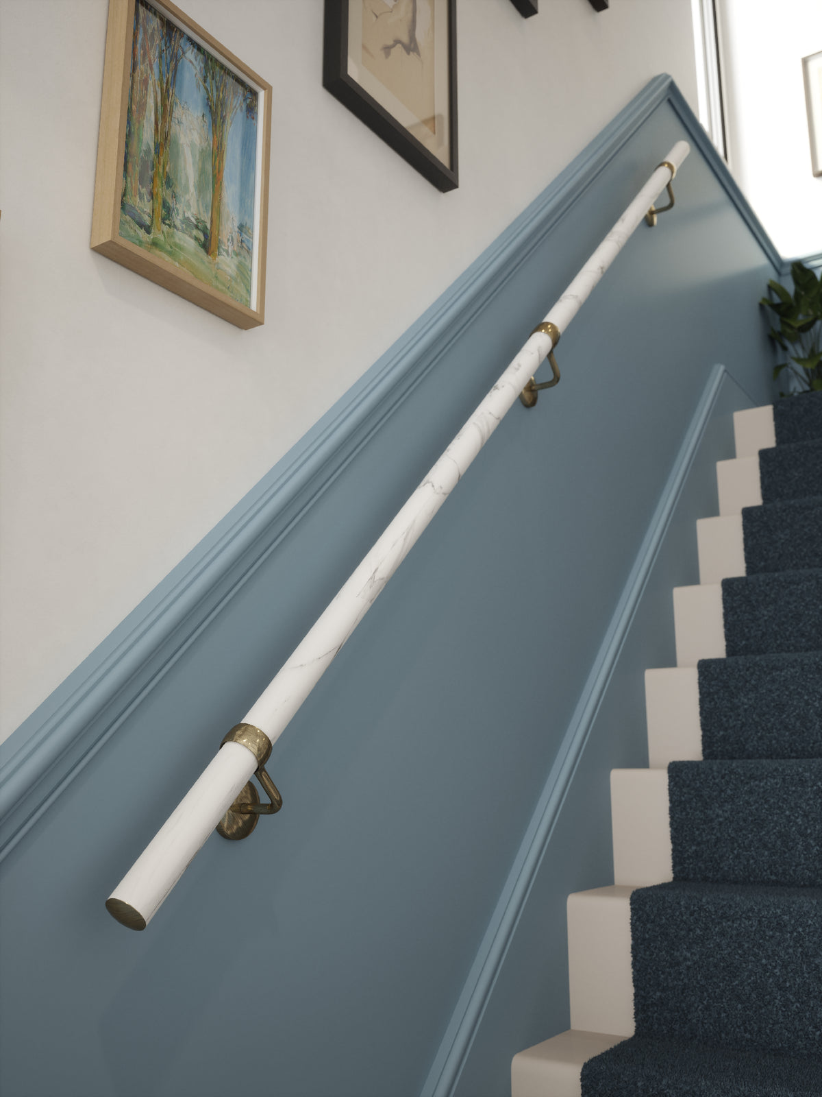 Montford Soft White Marble Straight Flight Handrail 2.4m with Loxley Antique Brass brackets