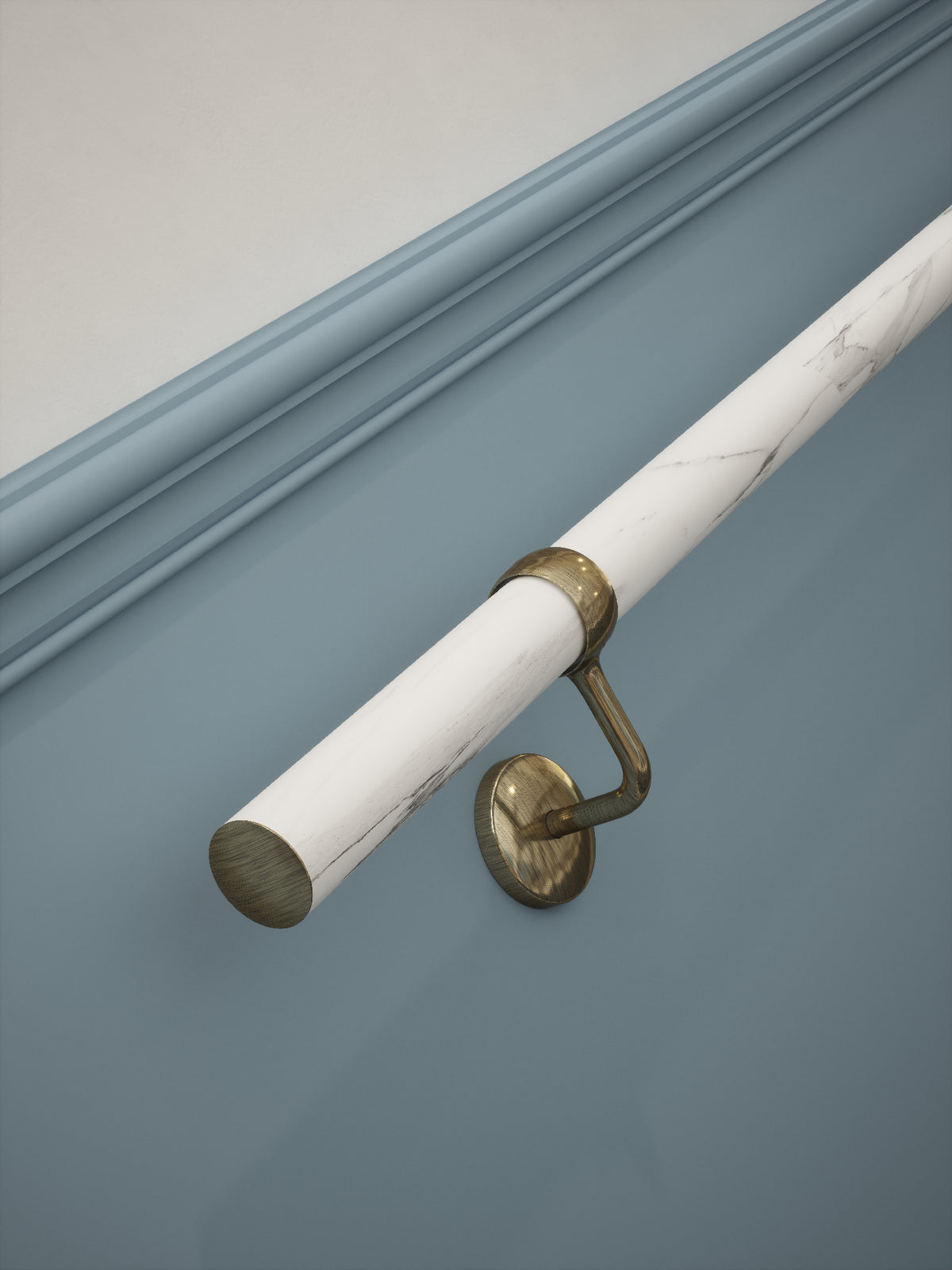 Montford Soft White Marble Straight Flight Handrail 2.4m with Loxley Antique Brass brackets
