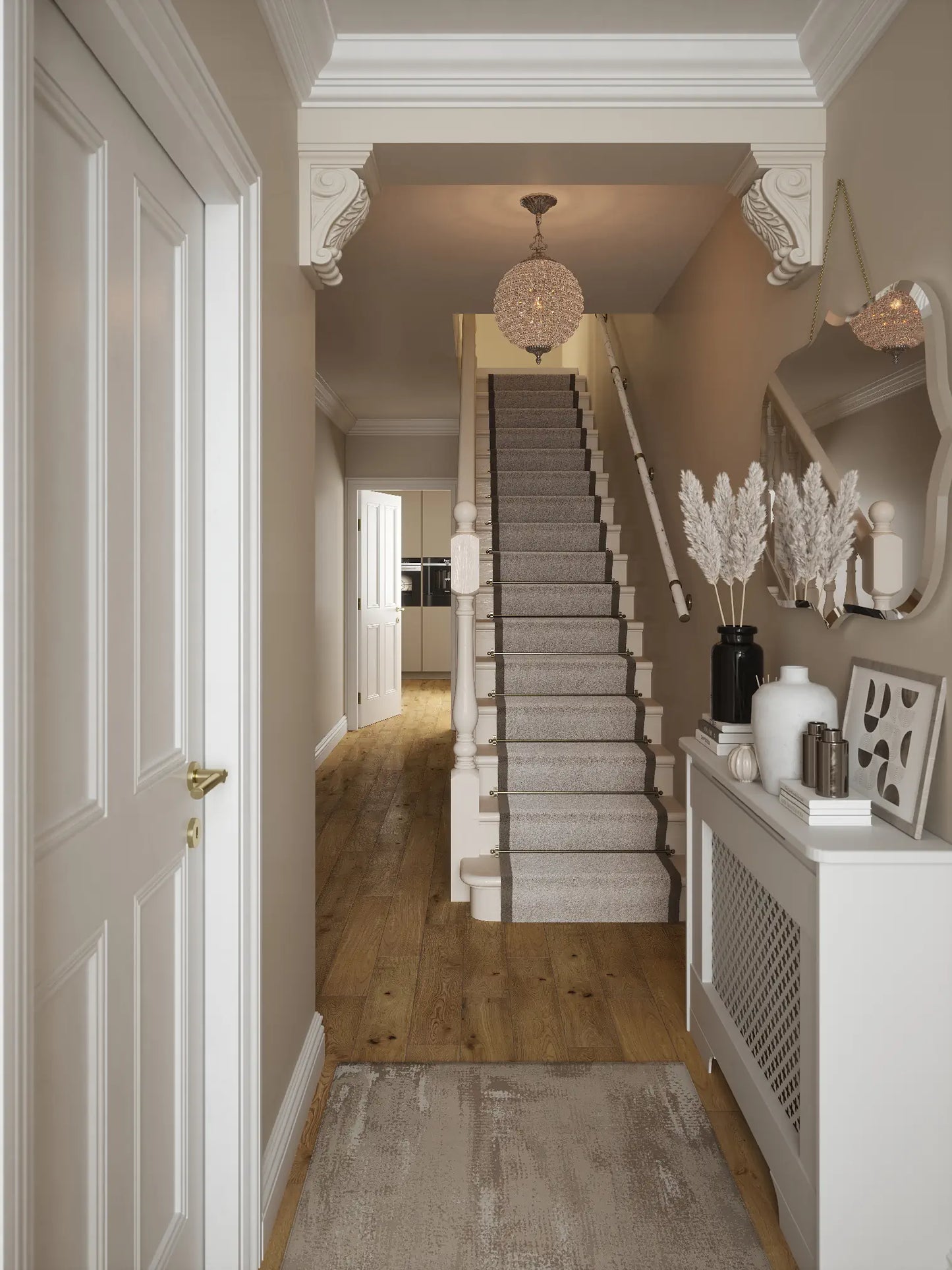 hallway view with marble handrail and colour matching stair rods