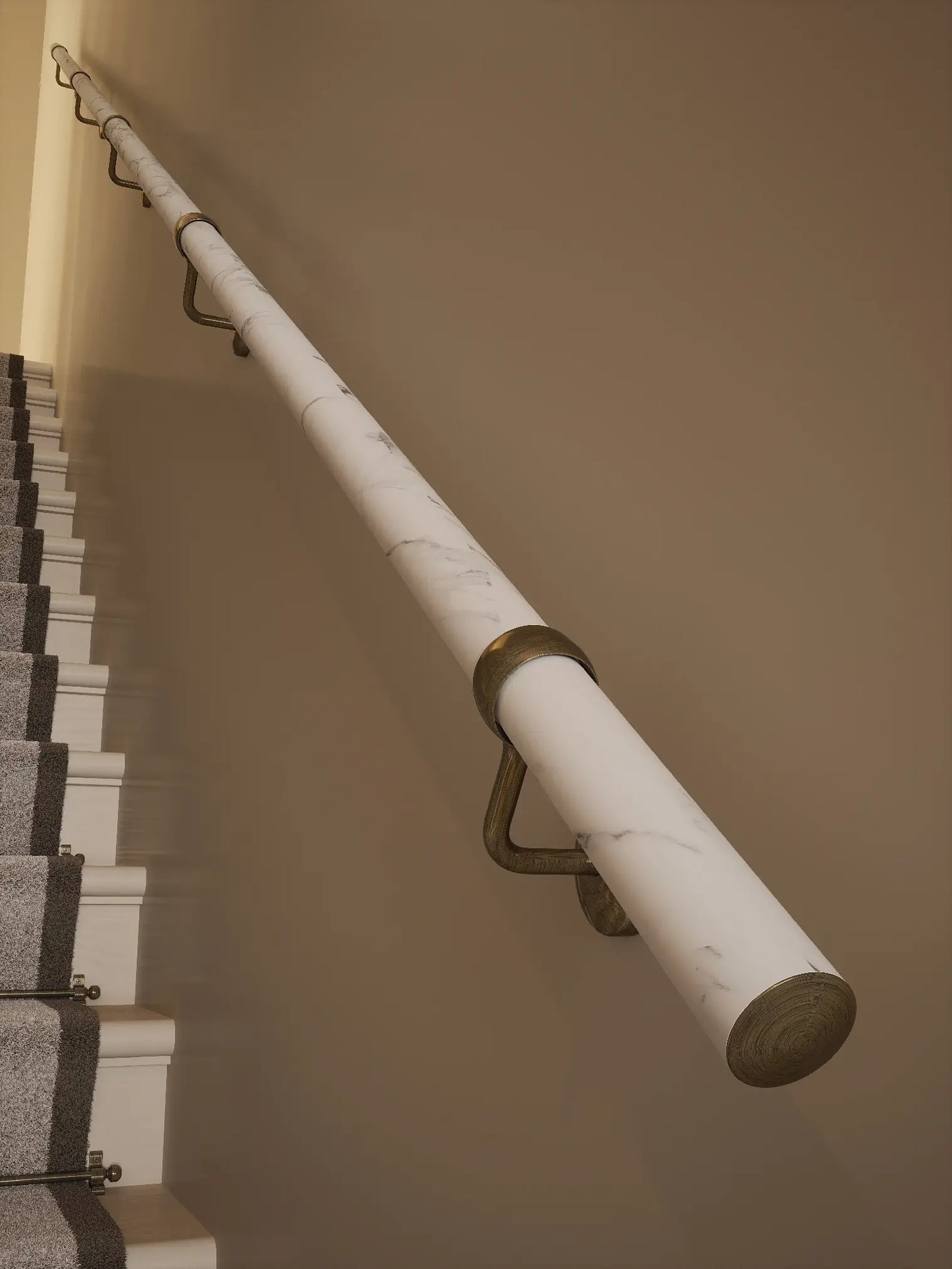 from bottom to top view Montford Soft White Marble Straight Flight Handrail