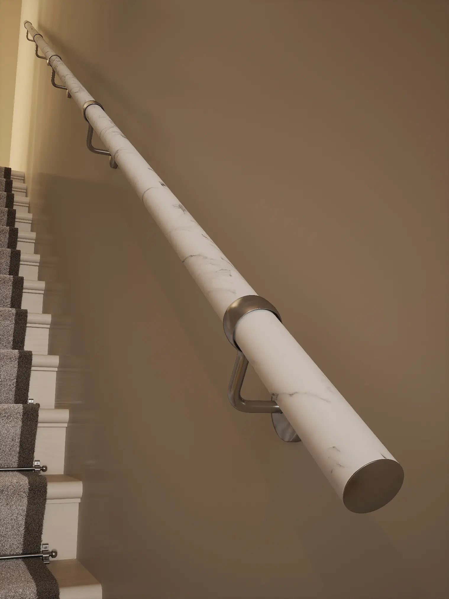 close up of Montford Soft White Marble Straight Flight Handrail