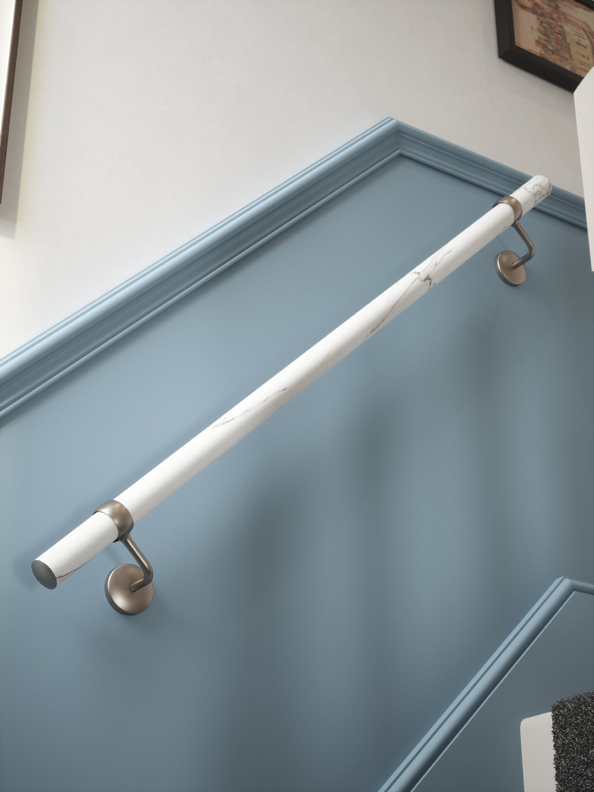 Montford Soft White Marble Straight Flight Handrail 1.2m with Harbury Brushed Silver brackets