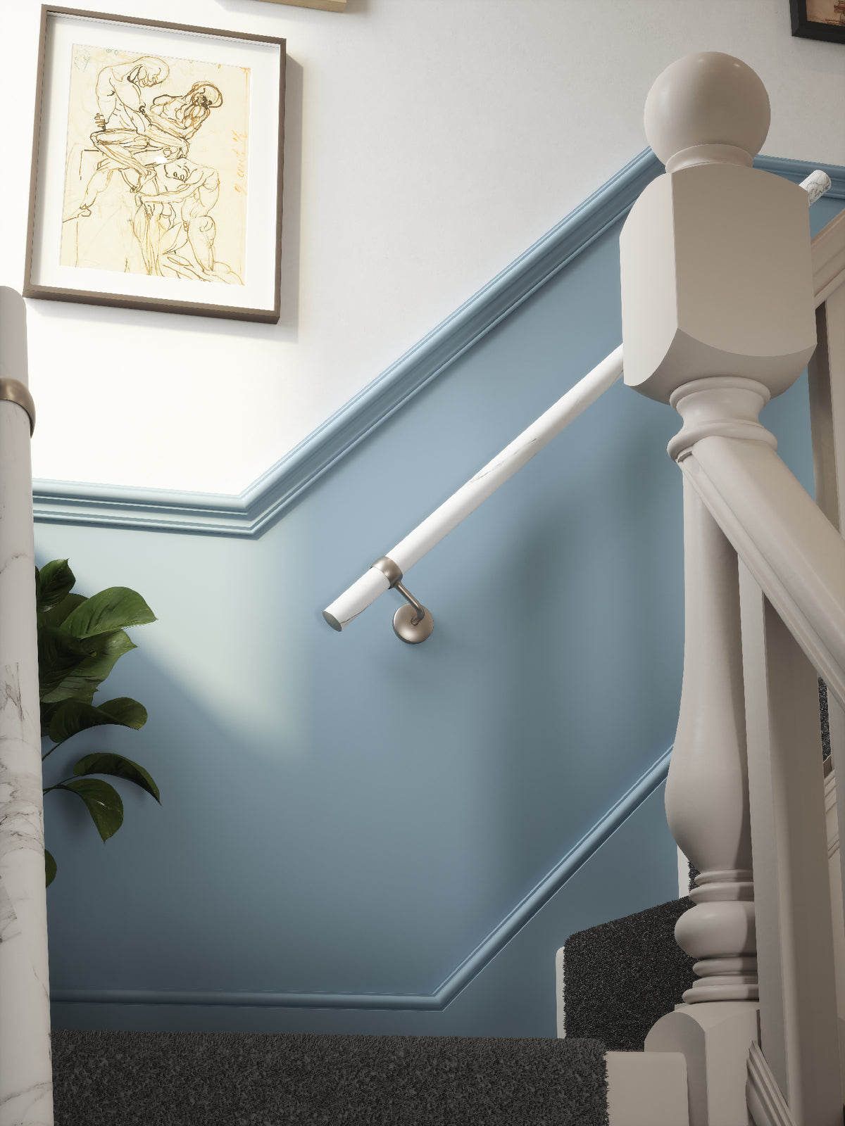 Montford Soft White Marble Straight Flight Handrail 1.2m with Harbury Brushed Silver brackets