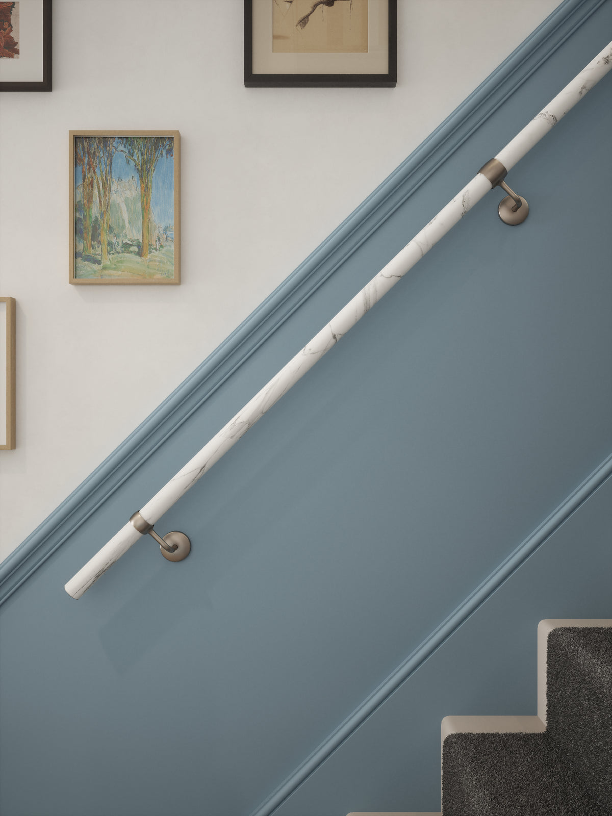 Montford Soft White Marble Straight Flight Handrail 2.4m with Harbury Brushed Silver brackets