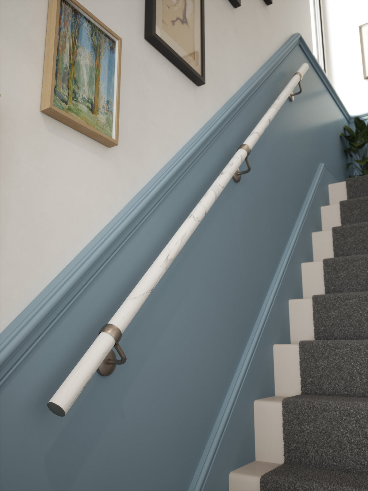 Montford Soft White Marble Straight Flight Handrail 2.4m with Harbury Brushed Silver brackets