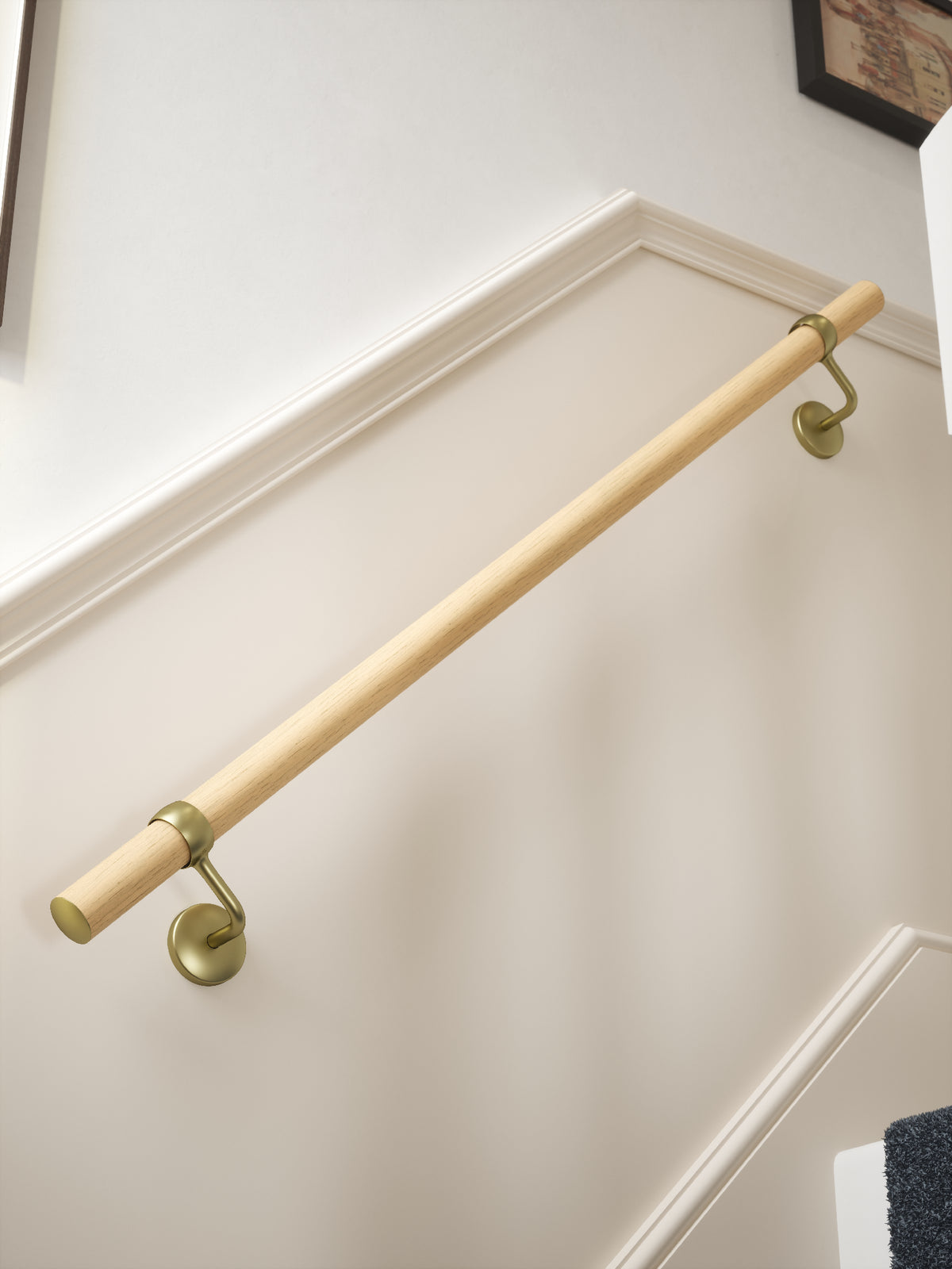Arden Natural Pine Straight Flight Handrail 1.2m with Ashorne Satin Brass brackets