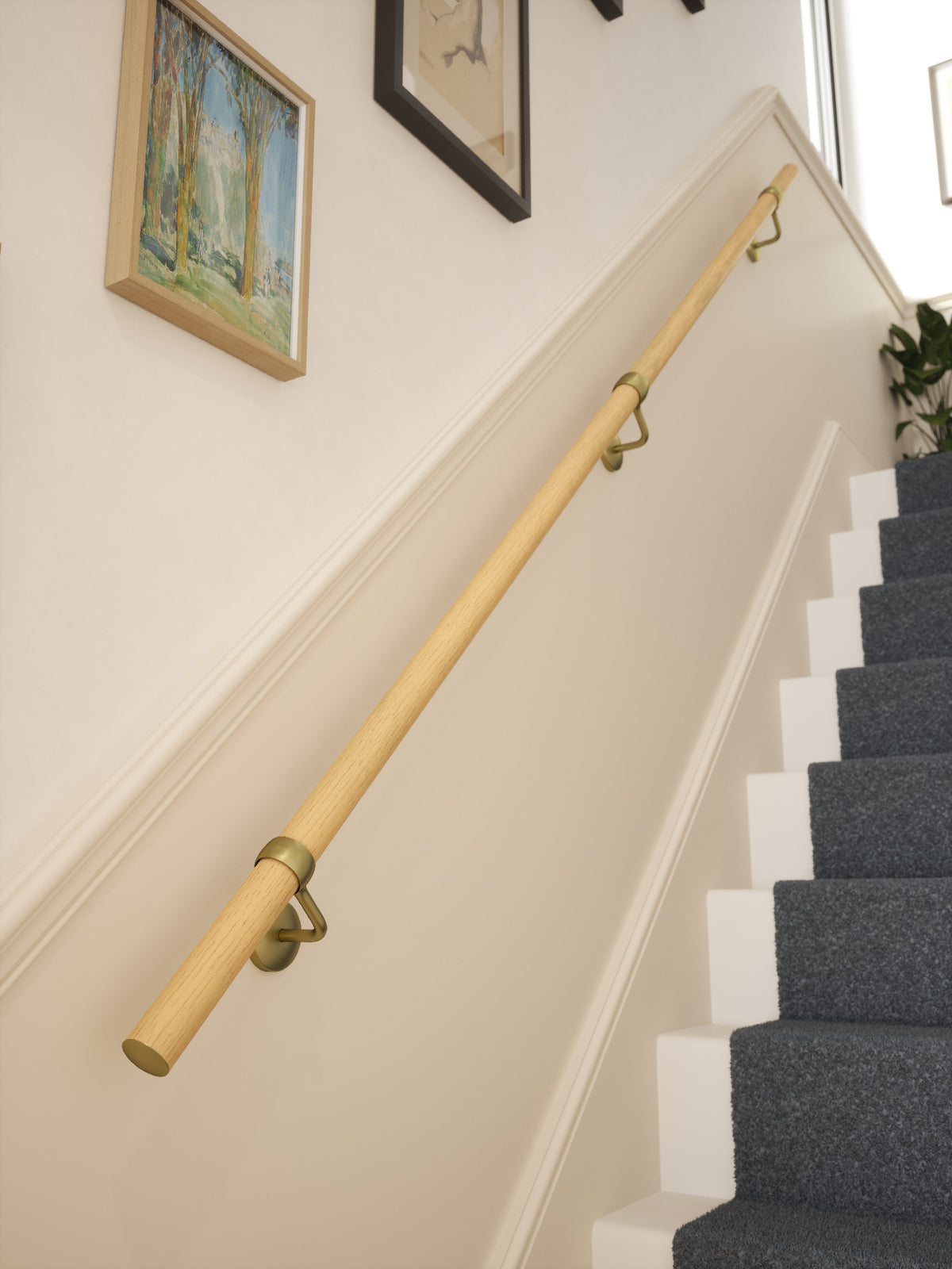 Arden Natural Pine Straight Flight Handrail 2.4m with Ashorne Satin Brass brackets