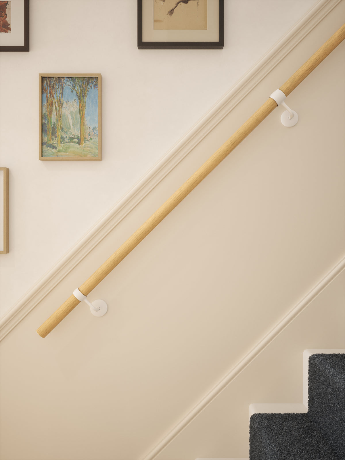 Arden Natural Pine Straight Flight Handrail 2.4m with Edstone Matt White brackets