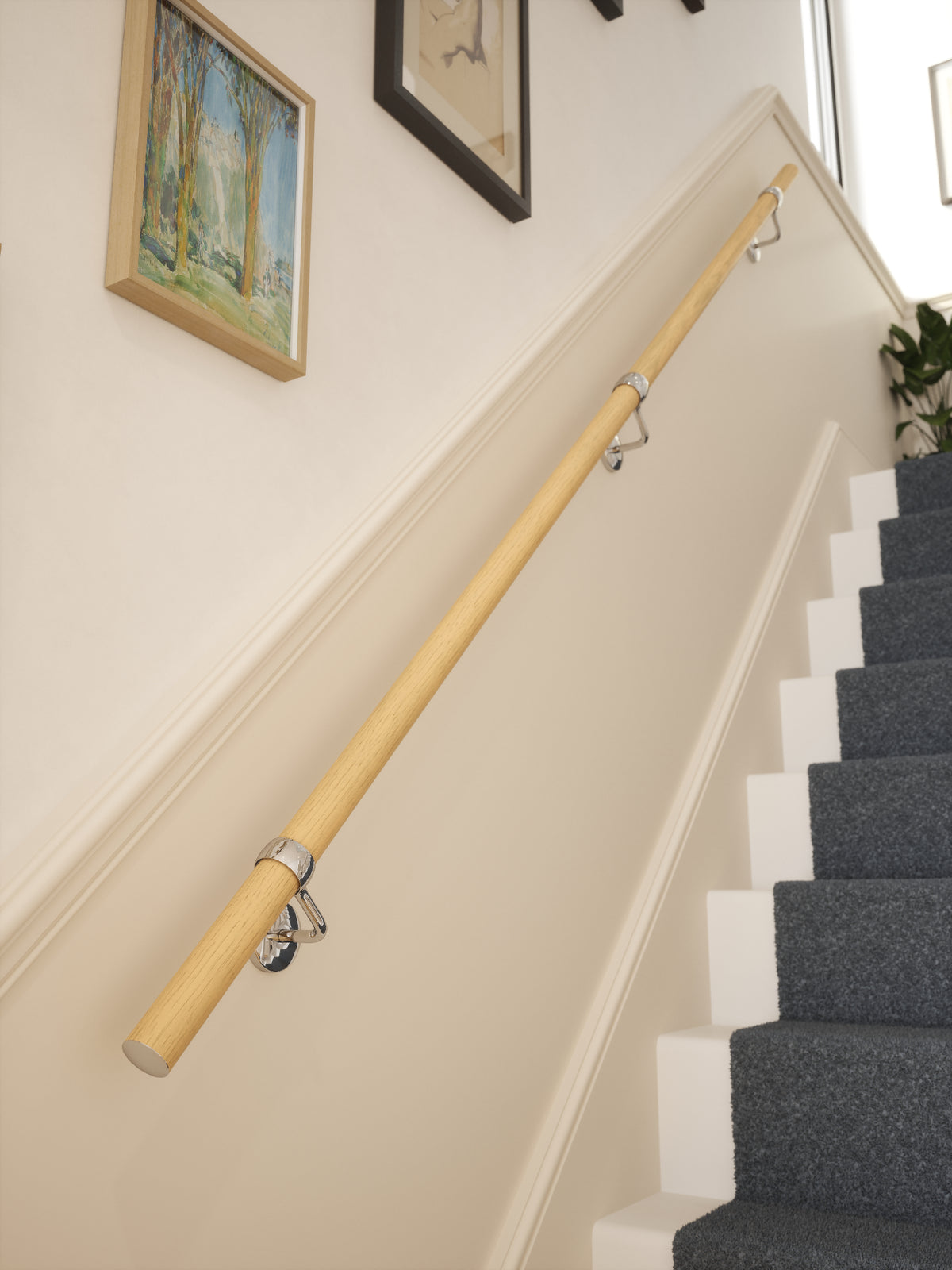 Arden Natural Pine Straight Flight Handrail 2.4m with Radway Chrome brackets