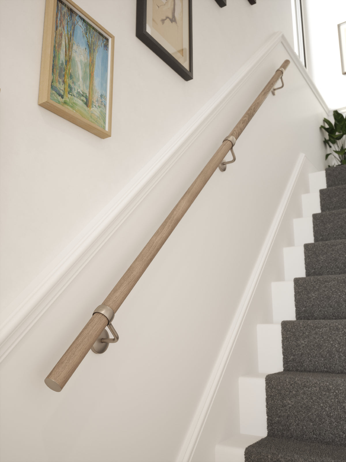 Oversley Walnut Straight Flight Handrail 2.4m with Harbury Brushed Silver brackets