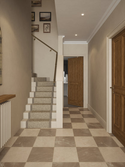 Loxley Antique Brass single winder handrail in a hallway with marble chequerboard tiles