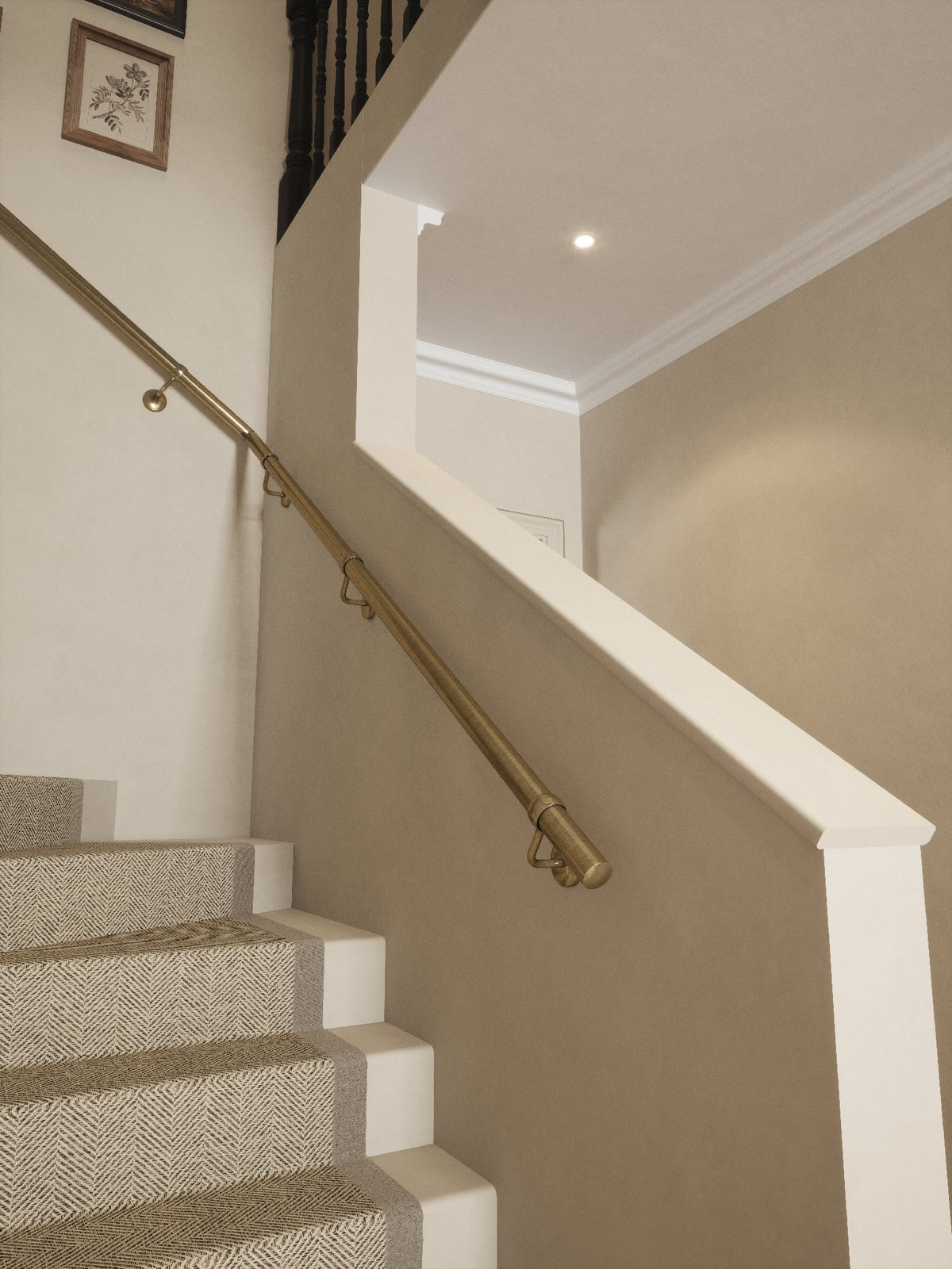 Loxley Antique Brass single winder handrail rising to the landing