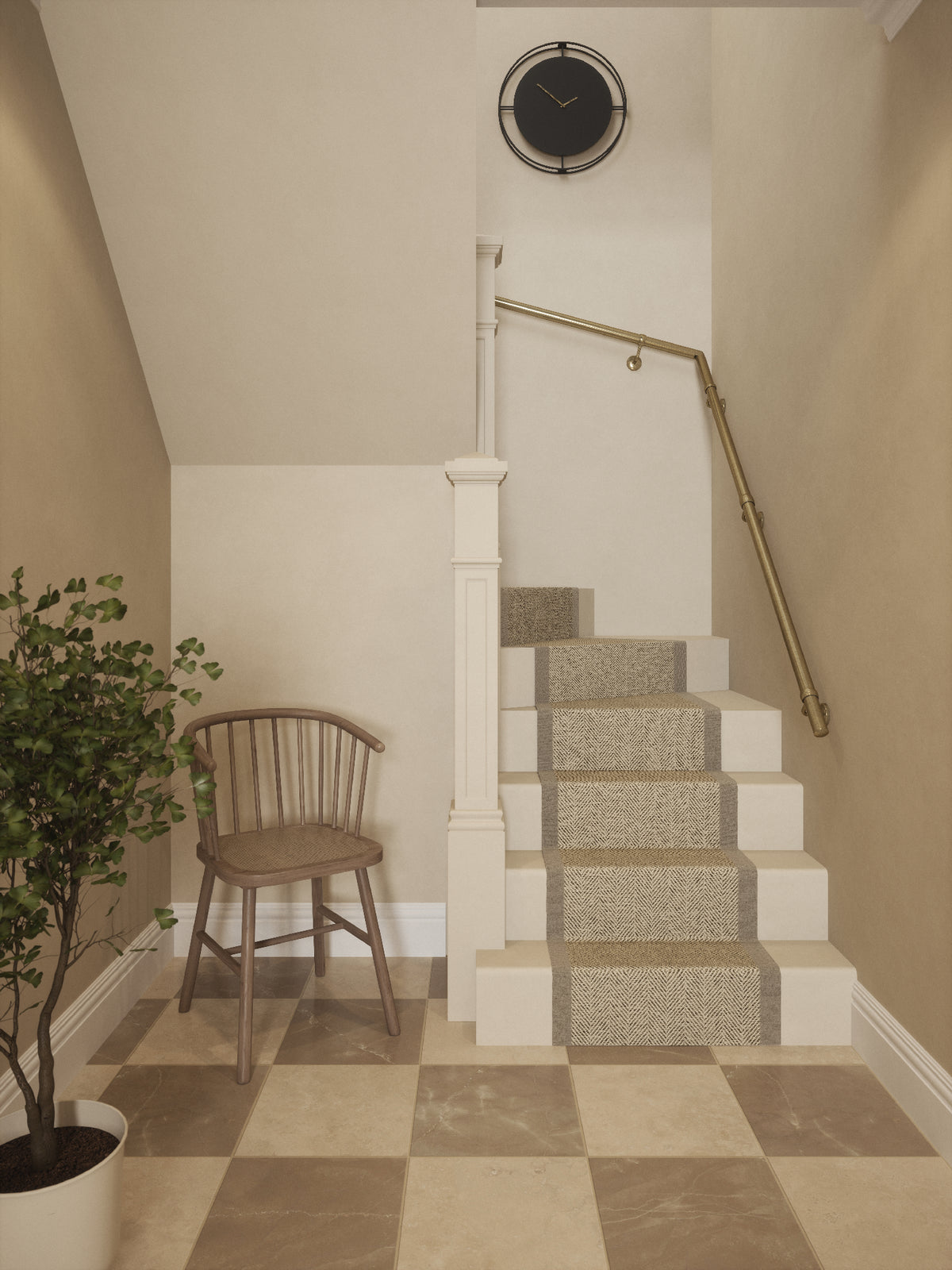 Loxley Antique Brass single winder handrail on a carpeted staircase in a hallway