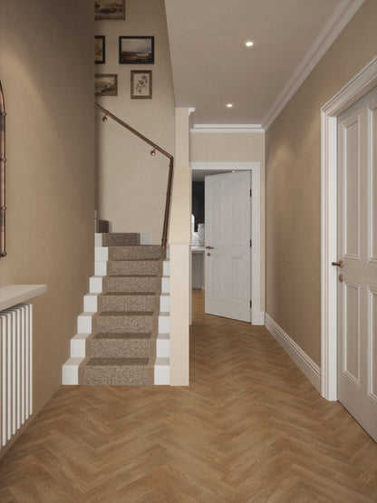 Sambourne Antique Copper single winder handrail in a hallway with herringbone oak flooring