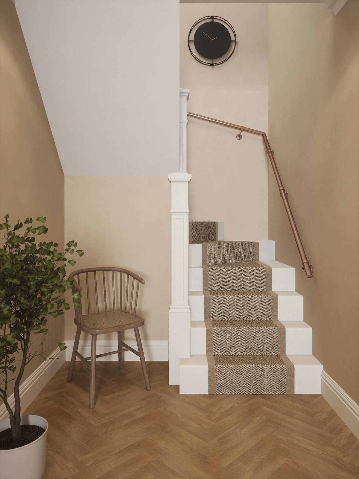 Sambourne Antique Copper single winder handrail on a carpeted staircase in a hallway