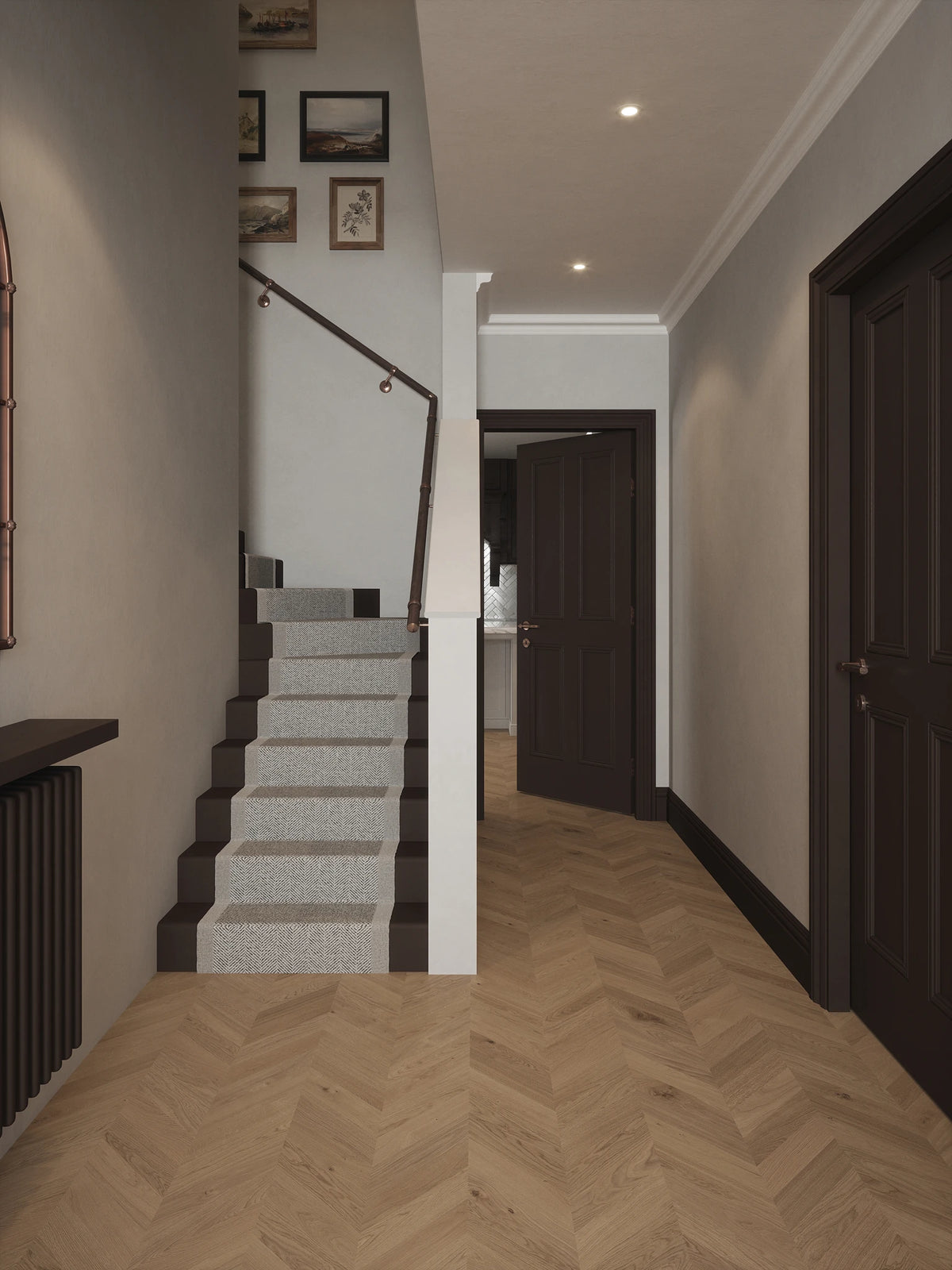 Wroxall Ebony Single Winder Handrail with Sambourne Antique Copper brackets