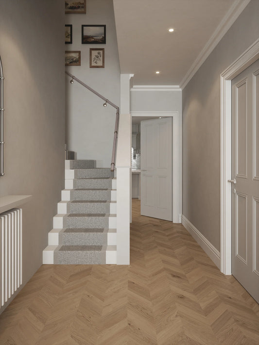 Pattingham Grey Wood Single Winder Handrail with Harbury Brushed Silver brackets