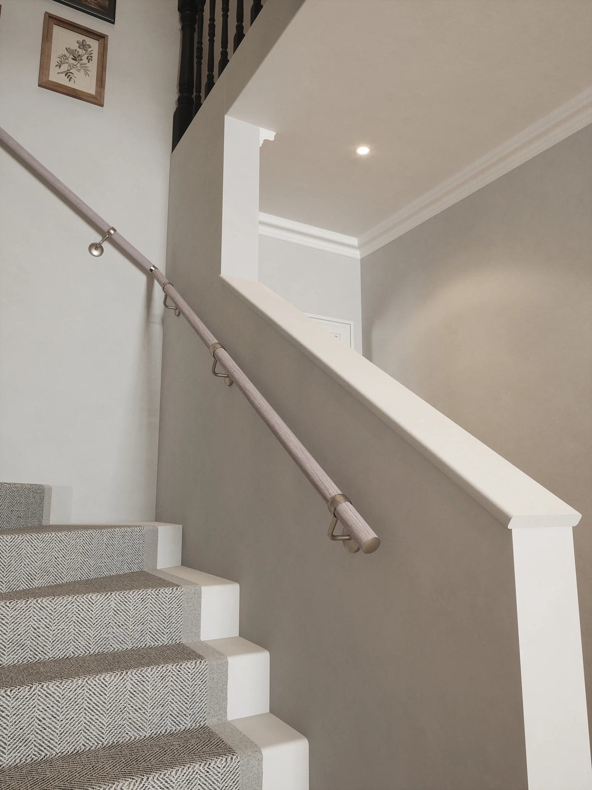 Pattingham Grey Wood Single Winder Handrail with Harbury Brushed Silver brackets