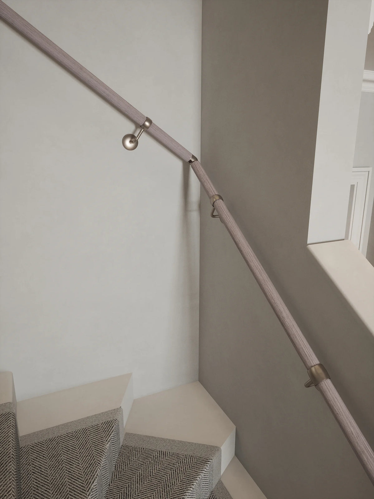 Pattingham Grey Wood Single Winder Handrail with Harbury Brushed Silver brackets