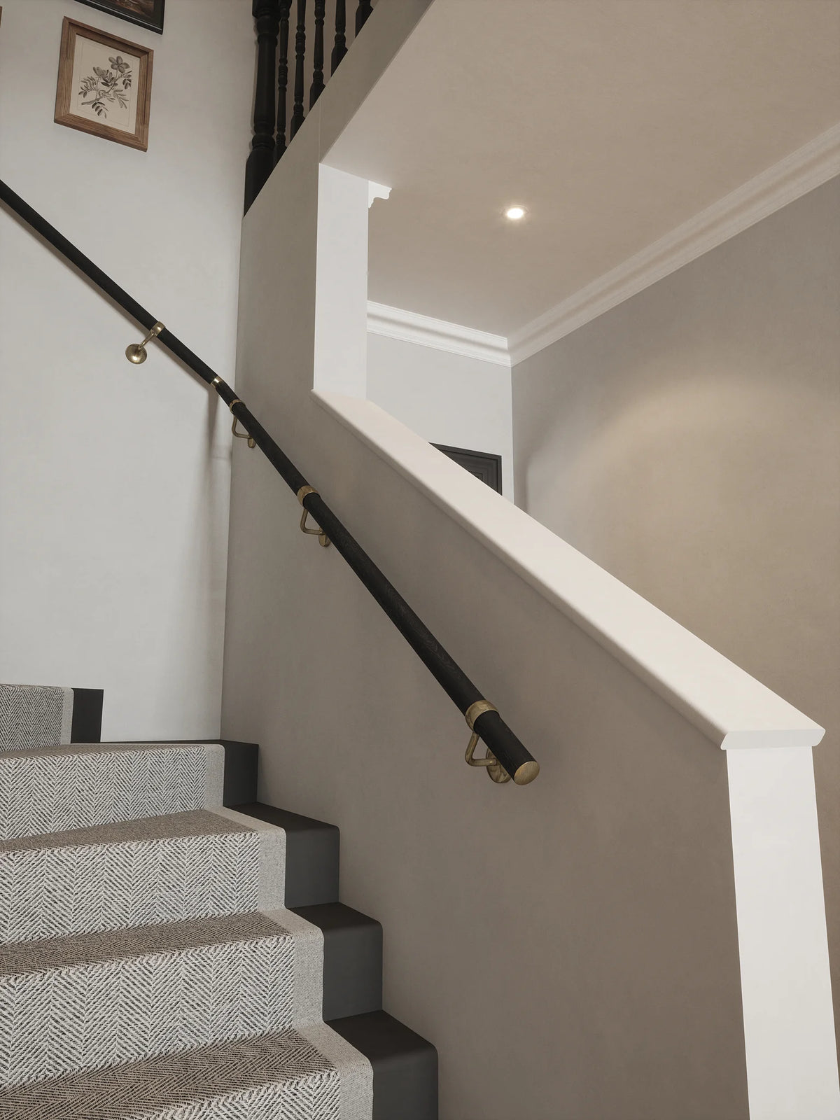 Blakedown Midnight Wood Single Winder Handrail with Loxley Antique Brass brackets