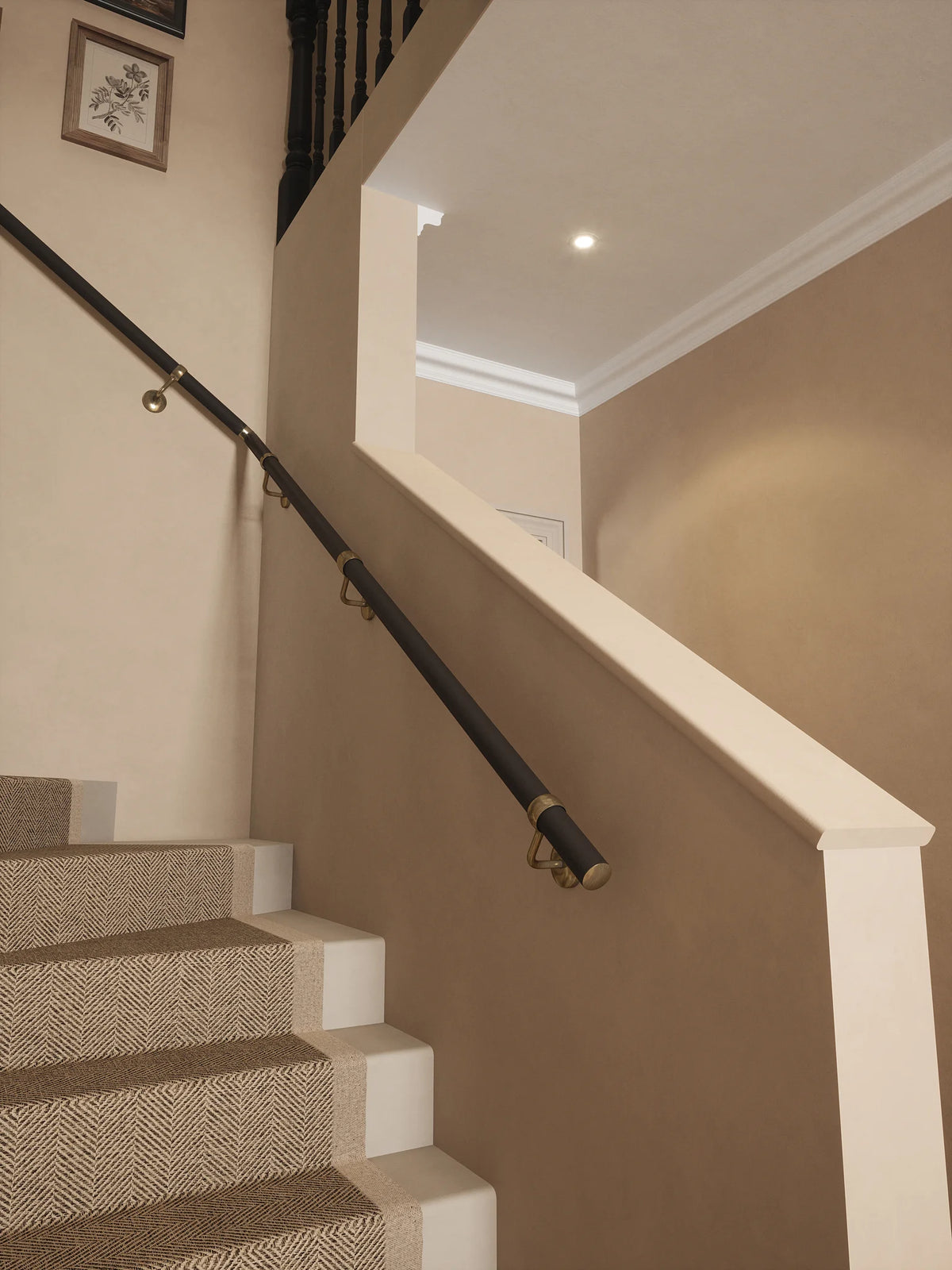 Burcot Espresso Leather Single Winder Handrail with Loxley Antique Brass brackets