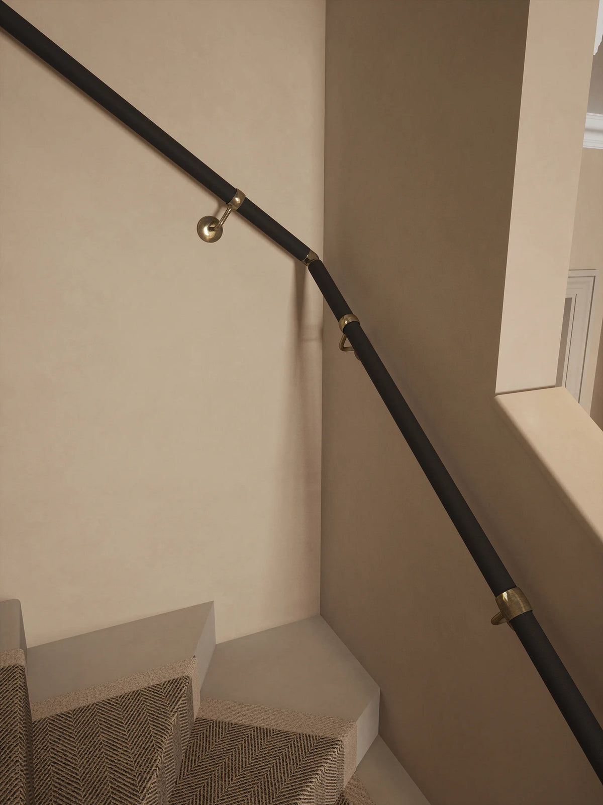 Burcot Espresso Leather Single Winder Handrail with Loxley Antique Brass brackets