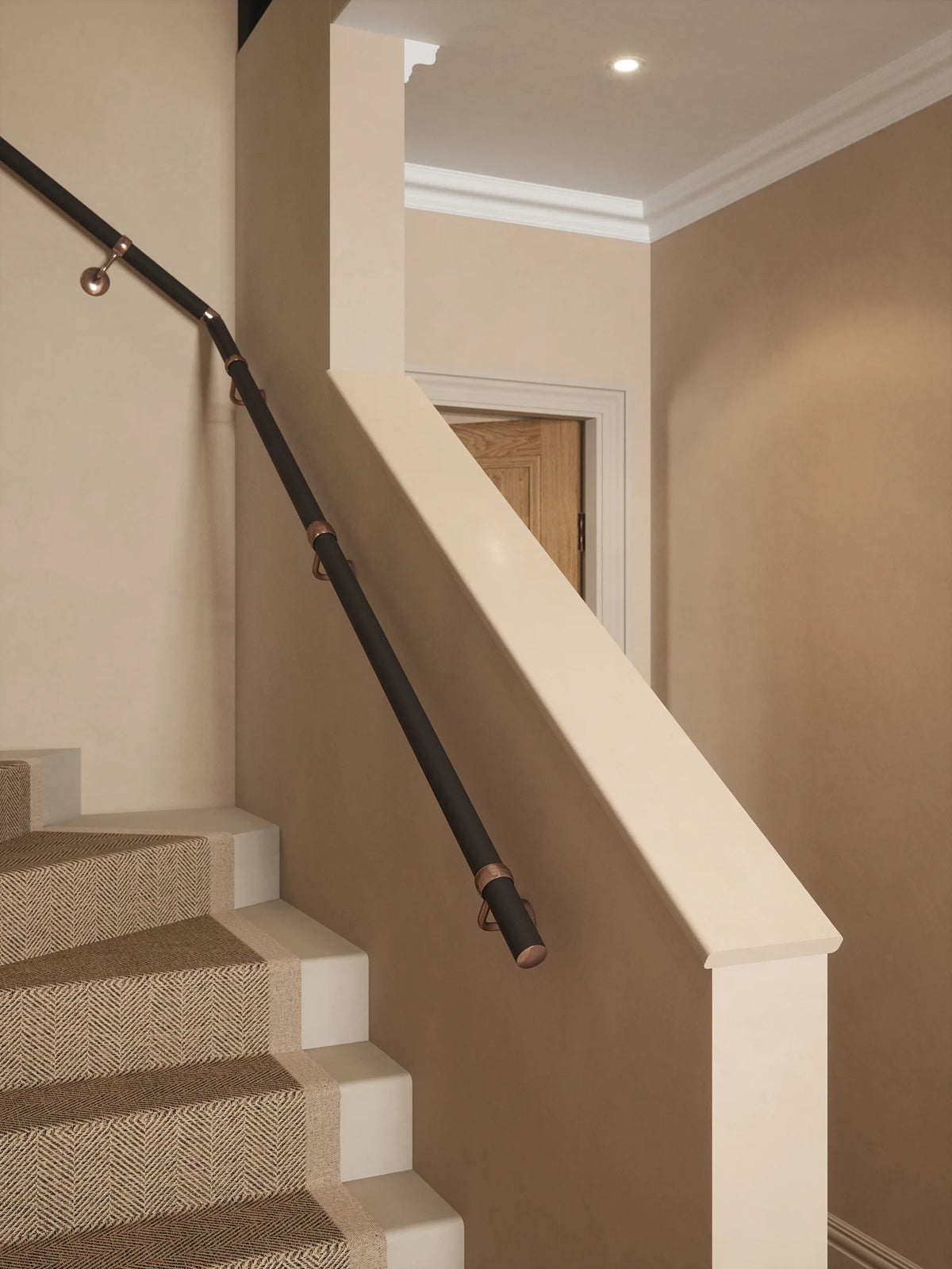Burcot Espresso Leather Single Winder Handrail with Sambourne Antique Copper brackets