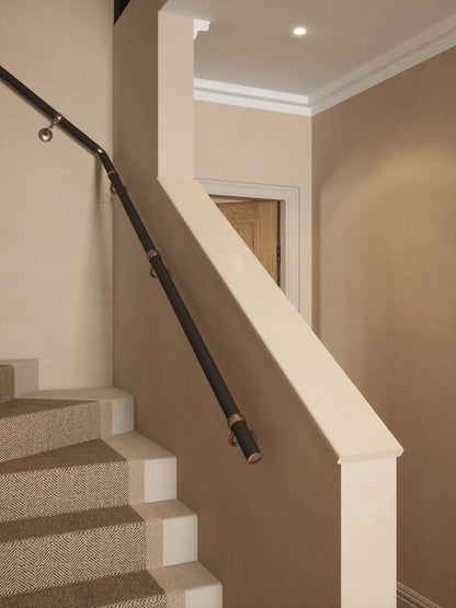 Burcot Espresso Leather Single Winder Handrail with Sambourne Antique Copper brackets