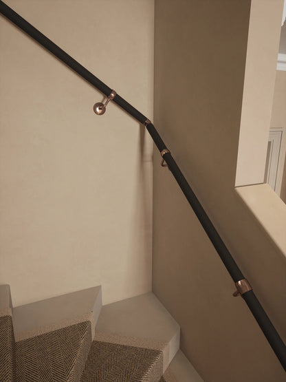 Burcot Espresso Leather Single Winder Handrail with Sambourne Antique Copper brackets