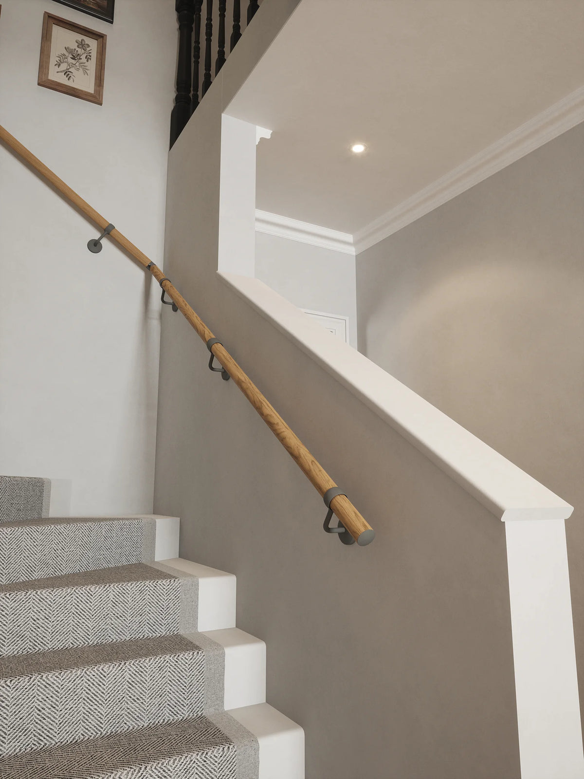 Packwood Light Oak Single Winder Handrail with Luddington Textured Grey brackets
