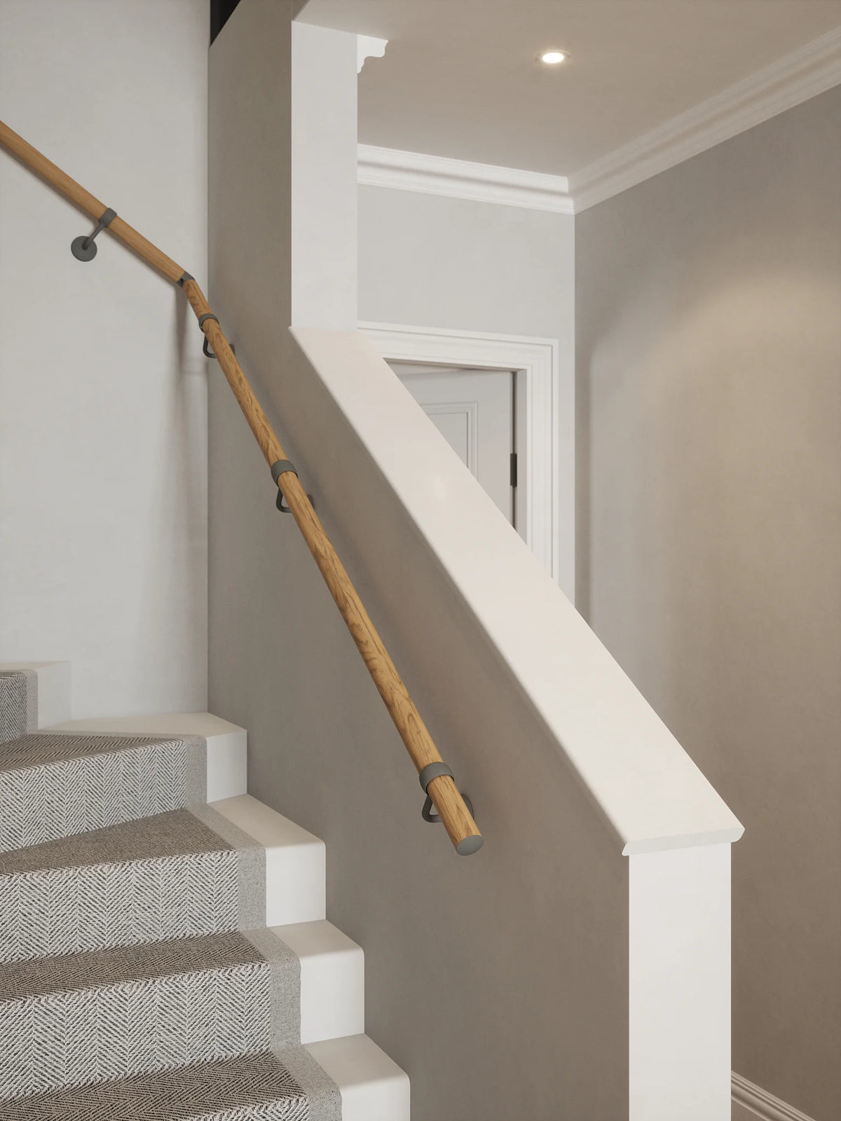 Packwood Light Oak Single Winder Handrail with Luddington Textured Grey brackets