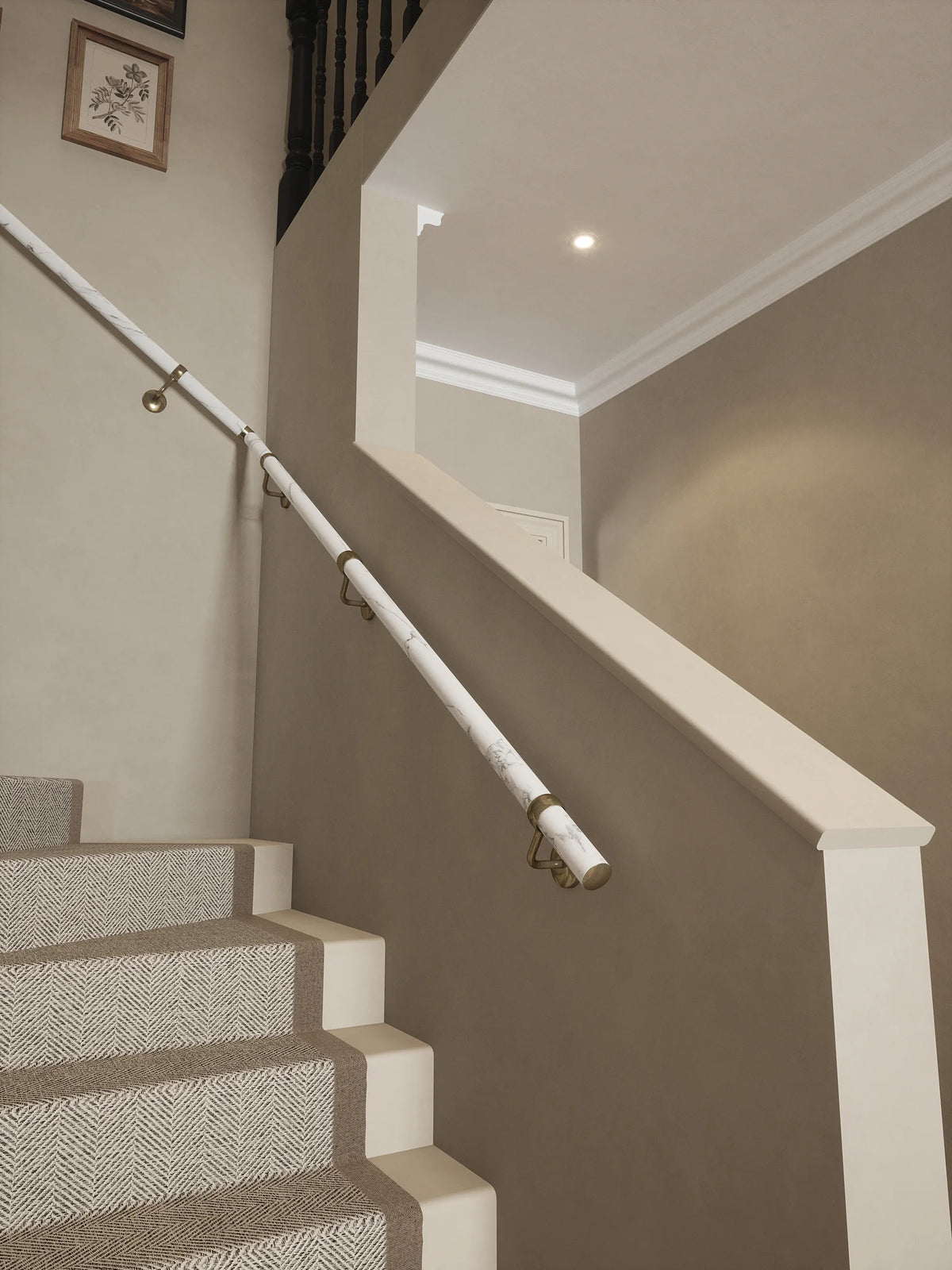 Montford Soft White Marble Single Winder Handrail with Loxley Antique Brass brackets