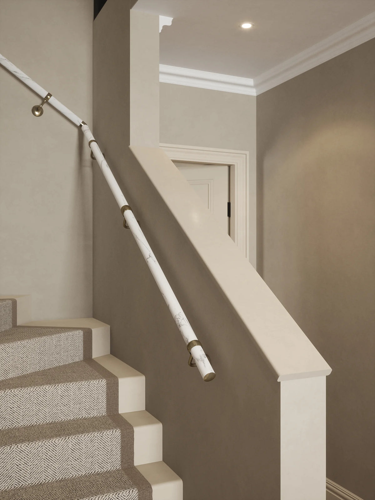 Montford Soft White Marble Single Winder Handrail with Loxley Antique Brass brackets