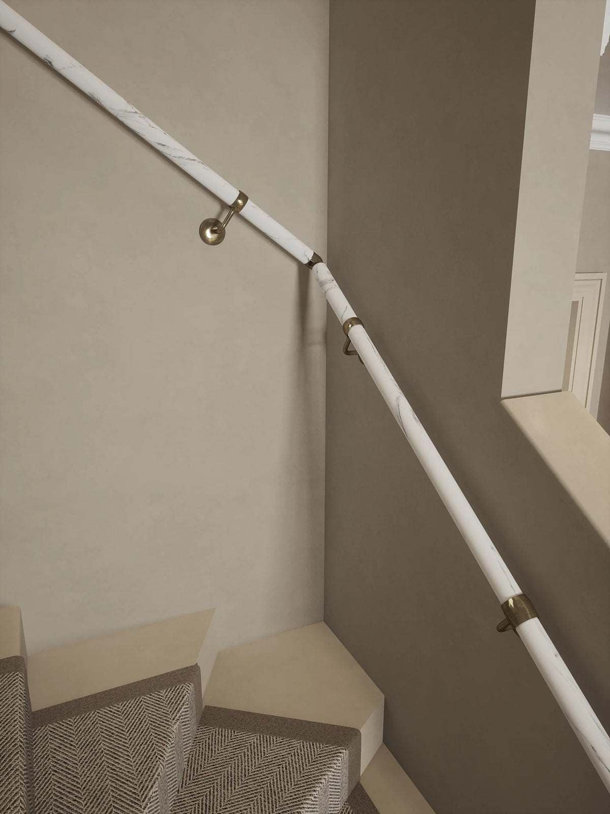 Montford Soft White Marble Single Winder Handrail with Loxley Antique Brass brackets